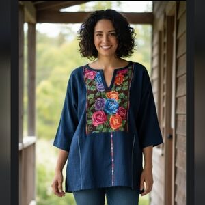 Vintage 1970 Handmade Indigo Embroidered Folk Shirt